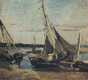 camille corot Trouville Fishing Boats Stranded in the Channel (mk40) oil painting artist